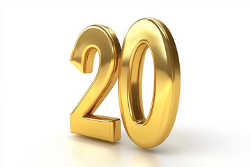 3d gold number 20 isolated on white background