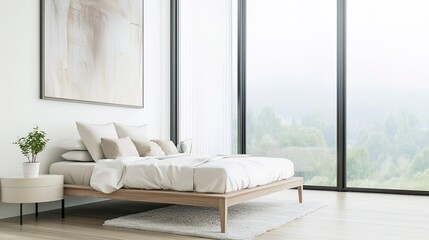 Modern Minimalist Bedroom with Large Windows and Neutral Tones - Generative AI