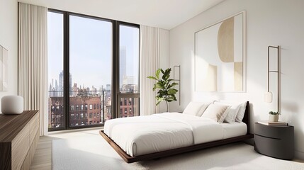 Modern Minimalist Bedroom with Large Windows and Neutral Tones - Generative AI