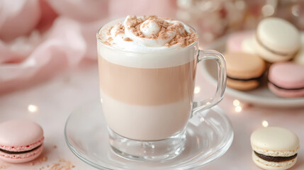 Latte in a clear glass with a plate of macarons, showcasing pastel colors