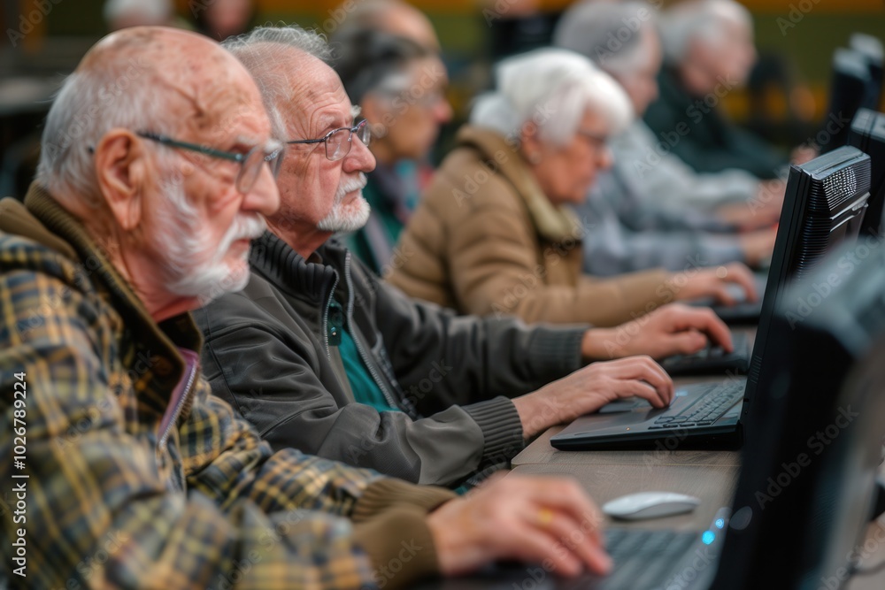 Poster a group of elderly participants eagerly learns computer skills, focusing on their laptops and deskto