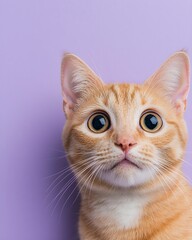 Obraz premium Close-up of an inquisitive orange tabby cat against a purple backdrop