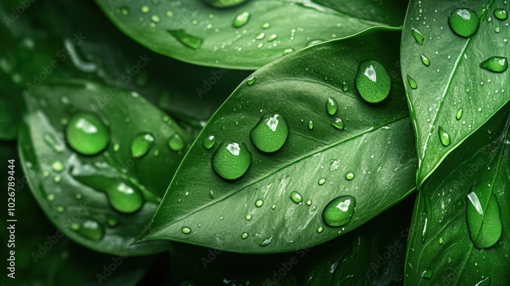 Poster Drops of water cling to lush green leaves, showcasing nature's beauty and freshness after a refreshing rain shower in the garden. Generative AI