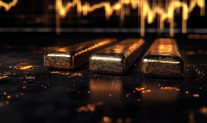 Abstract Representation of the Stock Market Chart with Gold Bars on a Dark Background, Highlighting Financial Trends and Metallic Textures
