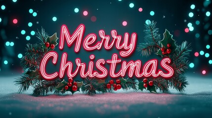 Merry Christmas Neon Sign with Pine Branches and Holly Berries on Snow