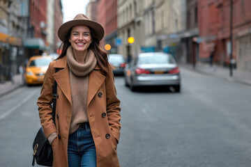 A woman wearing a camel coat and hat smiles while walking down a city street. The background...