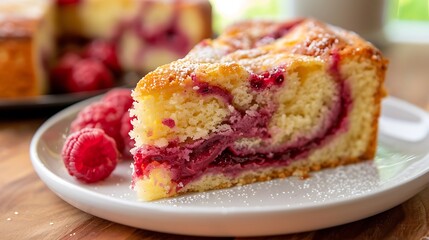 Lightly sweetened lemon cake with a rich raspberry swirl