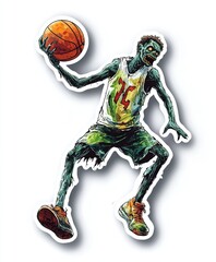 Funny zombie basketball player with a basketball - isolated on a white background
