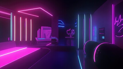 Modern Gaming Room with Coastal Views and Purple-Azure Tones - Generative AI