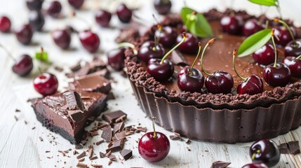 Elegant Dark Chocolate and Cherry Tart with Fresh Garnish