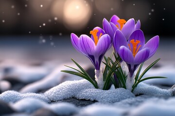 3D-rendered crocus flowers pushing through a snowy landscape, with realistic textures and lighting...