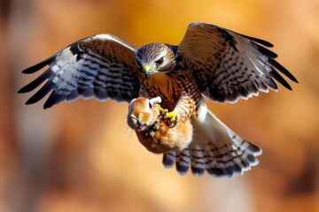 Fototapeta premium A hawk catching a rabbit, with its talons gripping the struggling prey as it takes flight, capturing the raw power and efficiency of a predator