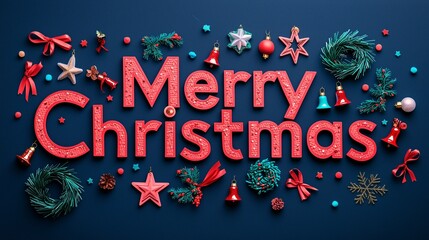 Merry Christmas Red Glitter Letters Blue Background Decorations