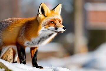 Obraz premium A red fox standing on a snowy hillside, its bright fur contrasting sharply against the pristine white snow, as it pauses to look out over the winter landscape