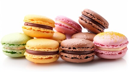 Obraz premium Macaroon dessert on light background. Colorful pastel macarons close up, generated AI