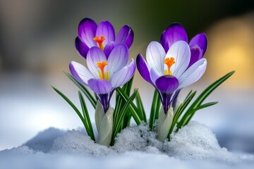 Crocuses pushing through snow, their delicate purple and white petals emerging as the first signs of spring, symbolizing resilience and renewal