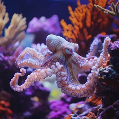 Obraz premium beautiful octopus near colorful coral reef
