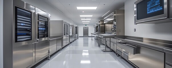 Innovative semiconductor cleanroom design, showing detailed air filtration systems, gleaming stainless steel tools, and a spotless floor in a hightech environment
