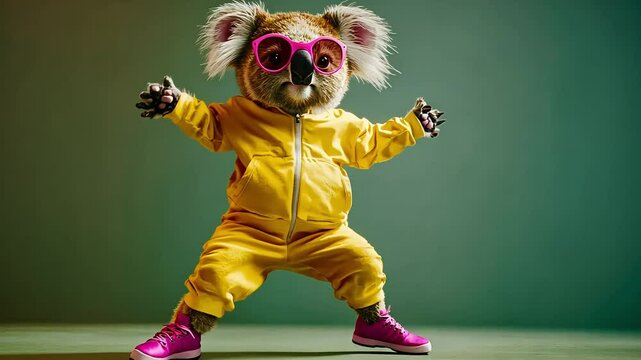 Koala wearing a yellow tracksuit and pink sunglasses, standing on a green background. Funny dancing animal video footage concept