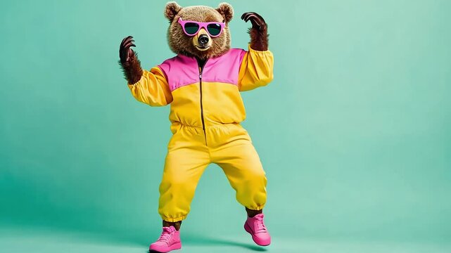 Bear wearing a colorful jumpsuit and pink sunglasses posing on a teal background. Funny dancing animal video footage concept