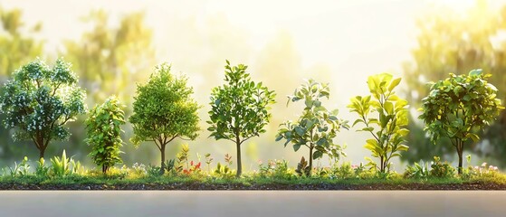 Obraz premium Series of plants in different growth stages being watered, from tiny saplings to lush, mature greenery in a sunlit garden