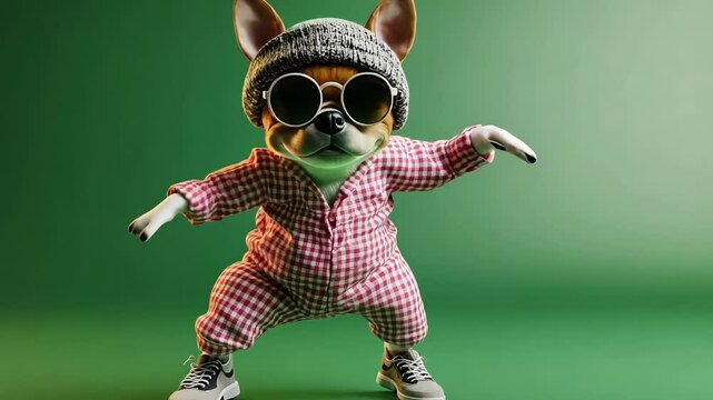A cute cartoon dog wearing sunglasses and a beanie, standing in a pink and white plaid jumpsuit, striking a pose in front of a green background. Funny dancing animal video footage concept