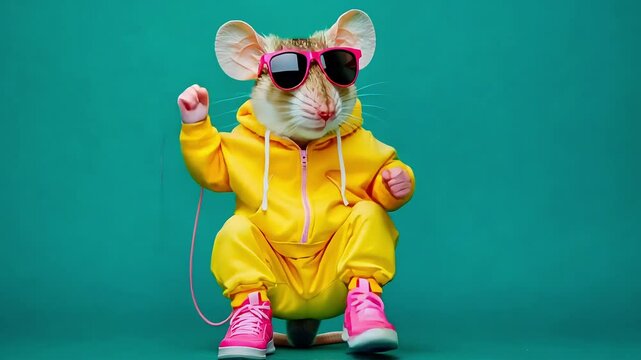 A cute rat wearing yellow hoodie and pink sunglasses with a pink jump rope in its paws, sitting against a teal background. Funny dancing animal video footage concept