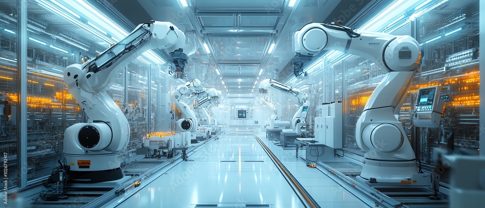 Poster advanced semiconductor production cleanroom, featuring robotic arms, precision tools, and sleek glas