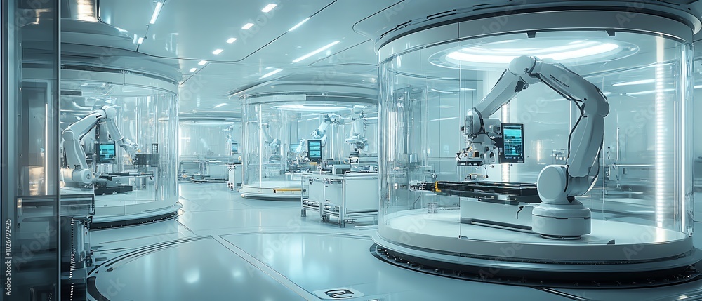 Poster advanced semiconductor production cleanroom, featuring robotic arms, precision tools, and sleek glas
