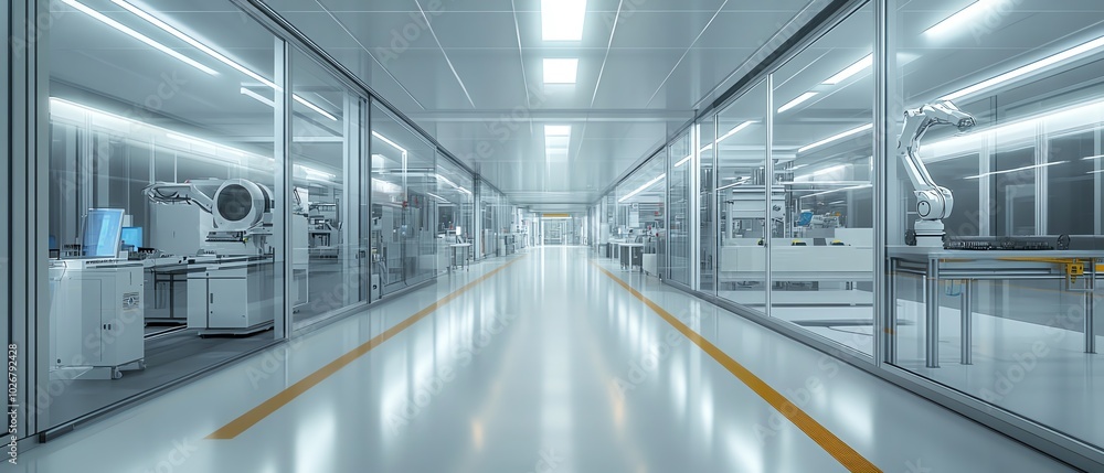 Poster advanced semiconductor production cleanroom, featuring robotic arms, precision tools, and sleek glas