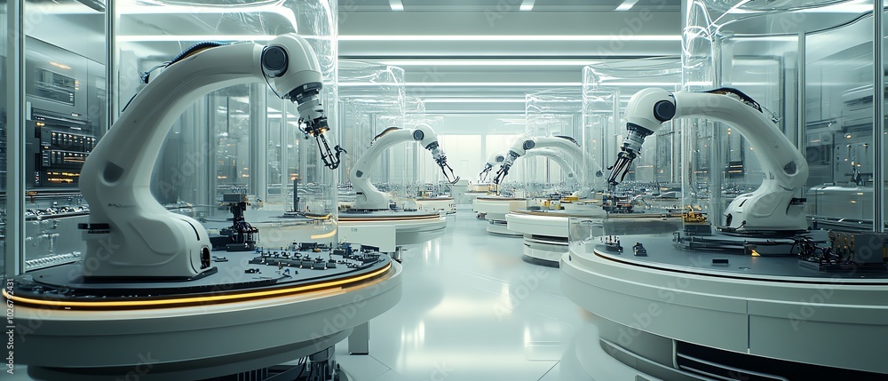 Poster advanced semiconductor production cleanroom, featuring robotic arms, precision tools, and sleek glas