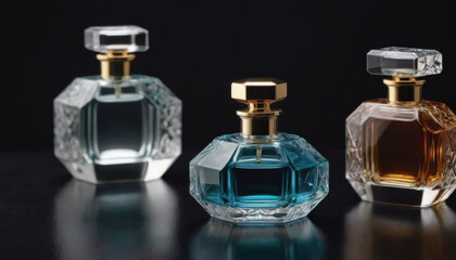 A collection of beautifully shaped crystal-clear perfume bottles elegantly displayed on a dark luxurious backdrop. This striking image is ideal for fragrance industry advertisements and branding.
