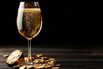 Golden champagne bubbles rising in a glass, catching the light and adding a sense of celebration and elegance to the scene