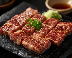 Closeup of perfectly grilled, succulent pieces of yakiniku, showcasing marbled meat glistening with savory juices and grill marks