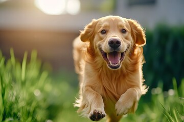 Golden retriever running through a field of tall grass, with the sunlight illuminating its fur, creating a radiant, warm effect as the dog happily bounds through the scene
