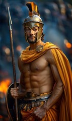 Obraz premium Ares in greek and roman mythology: god of war, representing strength and conflict, depicted with symbols of battle and valor, illustrating powerful and fierce nature of deity from mount Olympus.