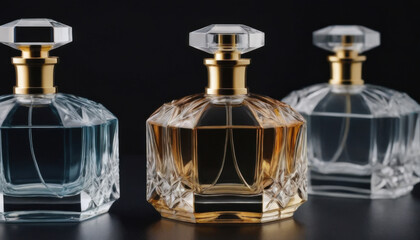A collection of beautifully shaped crystal-clear perfume bottles elegantly displayed on a dark luxurious backdrop. This striking image is ideal for fragrance industry advertisements and branding.