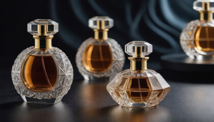 A collection of beautifully shaped crystal-clear perfume bottles elegantly displayed on a dark luxurious backdrop. This striking image is ideal for fragrance industry advertisements and branding.