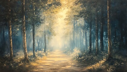 Fototapeta premium Serene depiction of a foggy woodland illuminated by soft sunlight, creating an ethereal glow around the trees and foliage