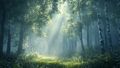 Serene depiction of a foggy woodland illuminated by soft sunlight, creating an ethereal glow around the trees and foliage
