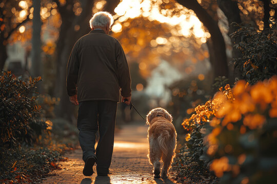 An elderly man walking his dog, illustrating the benefits of pet ownership for companionship and physical activity. Concept of pet therapy.