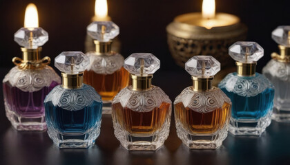 A collection of beautifully shaped crystal-clear perfume bottles elegantly displayed on a dark luxurious backdrop. This striking image is ideal for fragrance industry advertisements and branding.