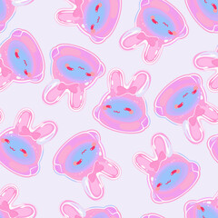 Pastel vector seamless pattern with kawaii rabbits. Soft pastel pink and blue glossy rabbits on light background