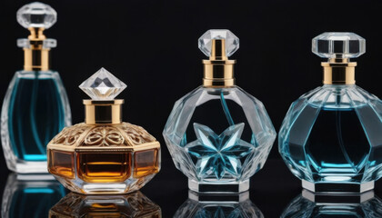 A collection of beautifully shaped crystal-clear perfume bottles elegantly displayed on a dark luxurious backdrop. This striking image is ideal for fragrance industry advertisements and branding.
