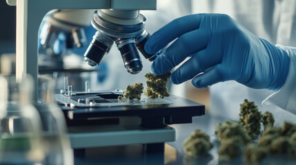 Scientist examining cannabis buds under a microscope in a laboratory