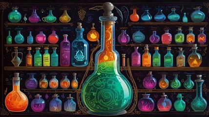 Colorful potions on shelves in a magical shop.