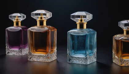 A collection of beautifully shaped crystal-clear perfume bottles elegantly displayed on a dark luxurious backdrop. This striking image is ideal for fragrance industry advertisements and branding.