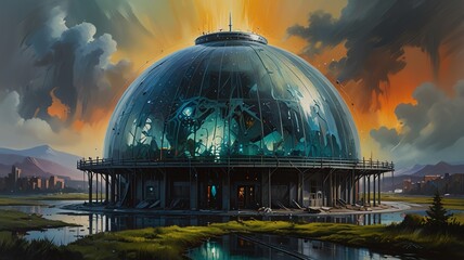Obraz premium Futuristic dome structure with water and sky reflections.