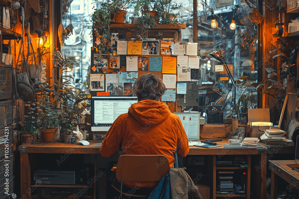 Poster a person working from a shared coworking space, illustrating how technology enables diverse work env