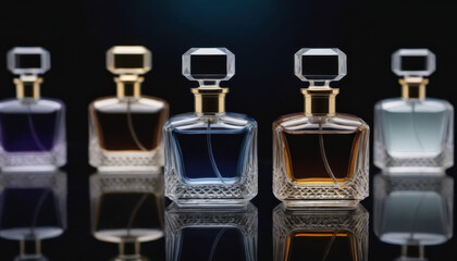 A collection of beautifully shaped crystal-clear perfume bottles elegantly displayed on a dark luxurious backdrop. This striking image is ideal for fragrance industry advertisements and branding.